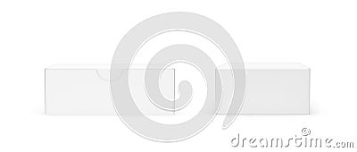 3d rendering of a white rectangular box with a closed attached lid in front and back views on white background. Stock Photo