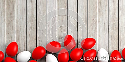 3d rendering white and red eggs on a wooden surface Stock Photo