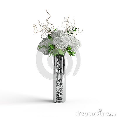 3D rendering of white rhododendron flowers in a glass vase isolated on a white background Stock Photo