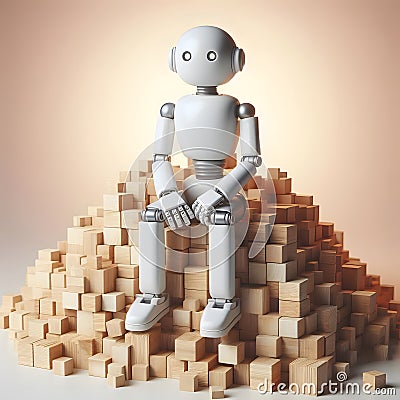 3d rendering of a white robot sitting on a pile of wooden cubes Stock Photo