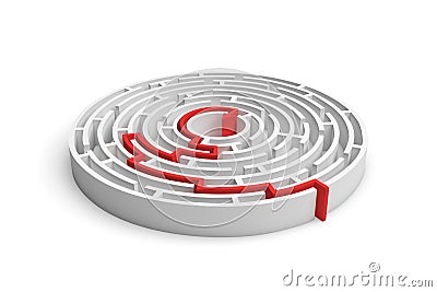 3d rendering of a white round maze with a red arrowed line showing the way out. Stock Photo