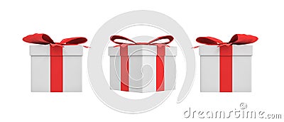 3d rendering of a white square gift box with a red ribbon bow in three different side views. Stock Photo