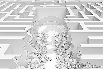 3d rendering of a white square maze with a direct route cut right to the center in close up view Stock Photo