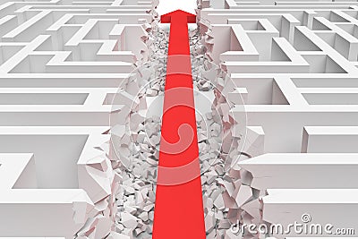 3d rendering of a white square maze in side view divided in half by a red arrow line. Stock Photo