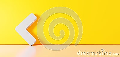 3D rendering of white symbol of angle left icon leaning on color wall with floor reflection with empty space on right side Stock Photo