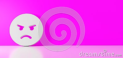 3D rendering of white symbol of angry icon leaning on color wall with floor reflection with empty space on right side Stock Photo