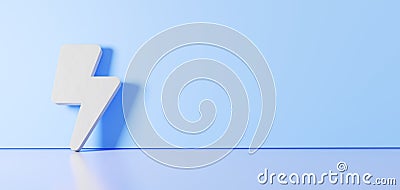 3D rendering of white symbol of bolt of lightning icon leaning on color wall with floor reflection with empty space on right side Stock Photo