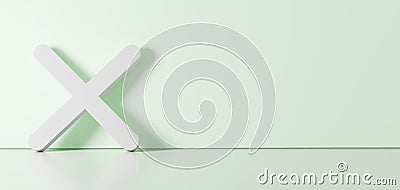 3D rendering of white symbol of cancel icon leaning on color wall with floor reflection with empty space on right side Stock Photo