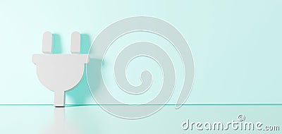 3D rendering of white symbol of plug icon leaning on color wall with floor reflection with empty space on right side Stock Photo
