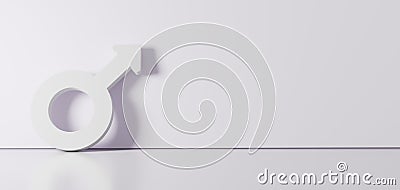 3D rendering of white symbol of mars icon leaning on color wall with floor reflection with empty space on right side Stock Photo