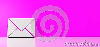 3D rendering of white symbol of paper close envelope icon leaning on color wall with floor reflection with empty space on right Stock Photo