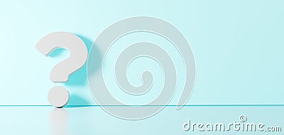3D rendering of white symbol of question icon leaning on color wall with floor reflection with empty space on right side Stock Photo