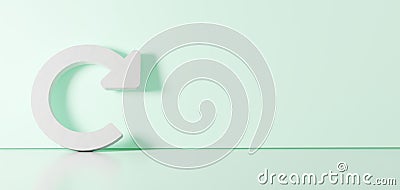 3D rendering of white symbol of redo icon leaning on color wall with floor reflection with empty space on right side Stock Photo