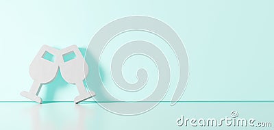 3D rendering of white symbol of glass cheers icon leaning on color wall with floor reflection with empty space on right side Stock Photo