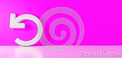 3D rendering of white symbol of undo icon leaning on color wall with floor reflection with empty space on right side Stock Photo