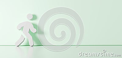 3D rendering of white symbol of walking icon leaning on color wall with floor reflection with empty space on right side Stock Photo