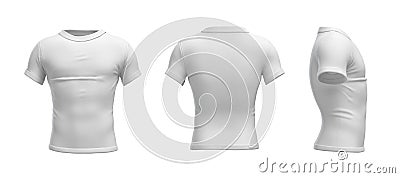3d rendering of a white T-shirt in realistic slim shape in side, front and back view on white background. Stock Photo