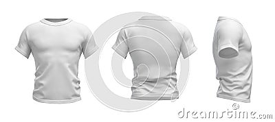 3d rendering of a white T-shirt shaped as a realistic male torso in front, side and back view. Stock Photo