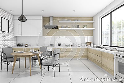 3d rendering white vintage kitchen with dining table and chair Stock Photo