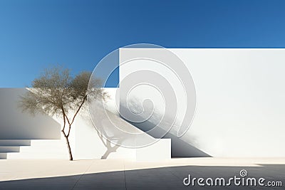 3D rendering of a white wall with a tree in the foreground Stock Photo