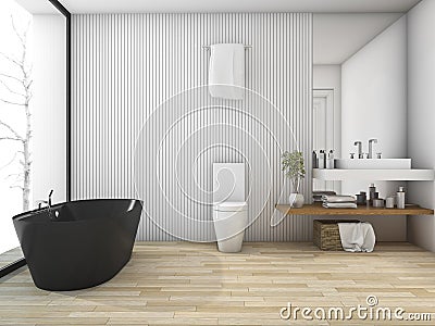3d rendering white wood bathroom near window in winter Stock Photo