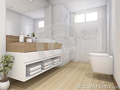 3d rendering white wood design bathroom and toilet Stock Photo