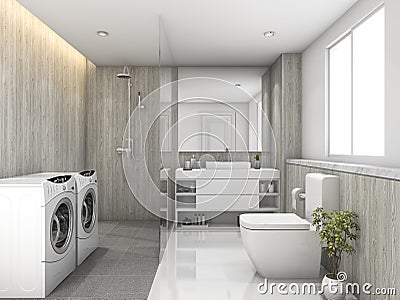 3d rendering white wood and stone tile toilet and laundry room Stock Photo