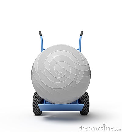 3d rendering of white yoga exercise ball on blue hand truck. Stock Photo