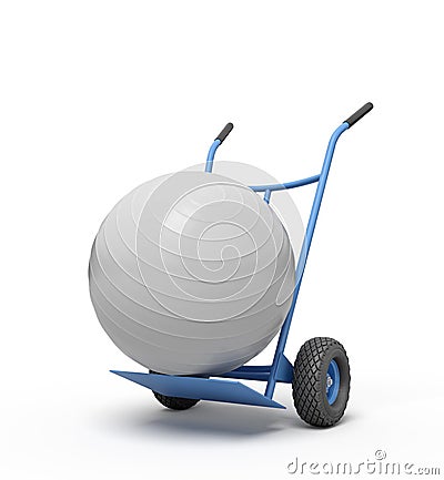 3d rendering of white yoga exercise ball on blue hand truck. Stock Photo
