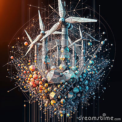 3d rendering of wind turbines and low poly spheres in black background, generative ai Stock Photo