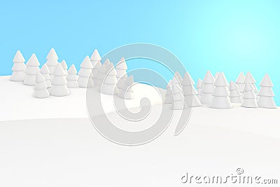 3d rendering winter landscape - white snow on the fields, trees and pines on a blue sky background. Cartoon minimalistic style Stock Photo