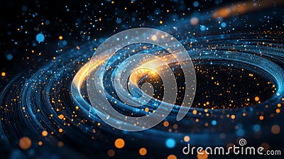 3D rendering of wire cable tunnel transmitting binary digital data. Depth of field effect. Inside AI concept. Machine Stock Photo