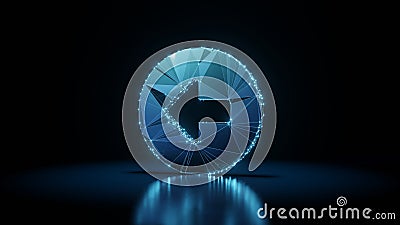3d rendering wireframe neon glowing symbol of left arrow in circle on black background with reflection Stock Photo