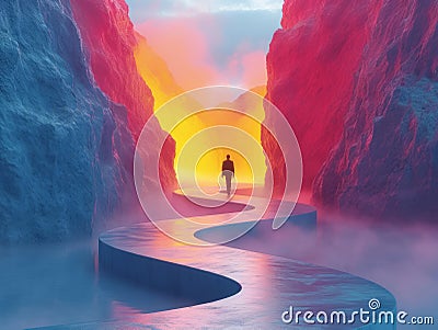 3d rendering of a woman standing on a path in the middle of a canyon Generative AI Cartoon Illustration