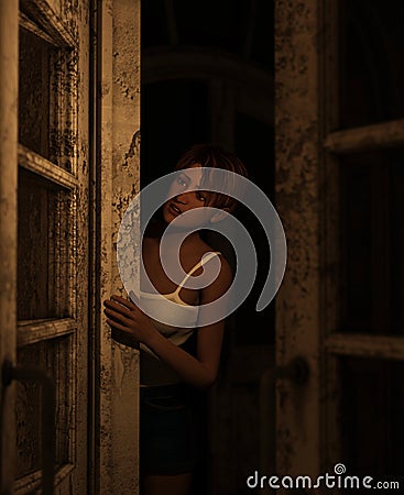 Girl behind the doors Stock Photo