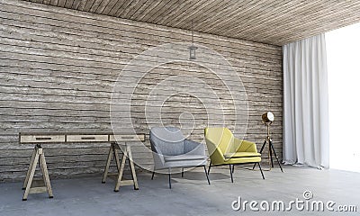 3d rendering wood furniture with beautiful armchair Stock Photo