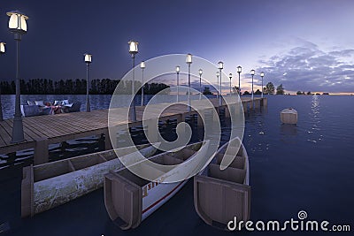 3d rendering wood pier near sea with lamp post and boat in twilight scene Stock Photo