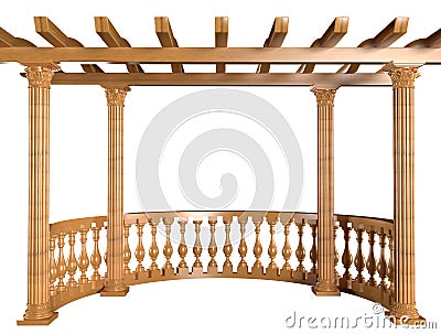 3D rendering Wooden balustrade with pergola and columns Stock Photo