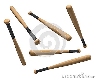 3d rendering of wooden baseball bats with black-wrapped handles hanging on a white background in different angles. Stock Photo
