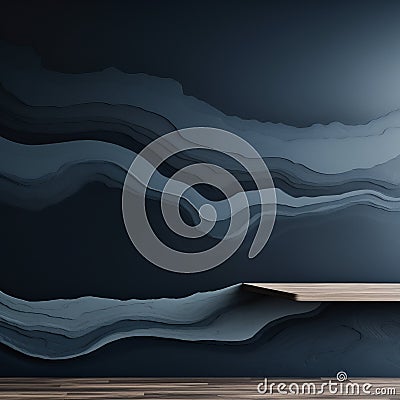 3d rendering of a wooden bench in front of a blue wall Stock Photo