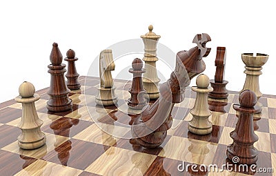 3D rendering of a wooden chessboard with king falling over after checkmate- strategy concept Stock Photo