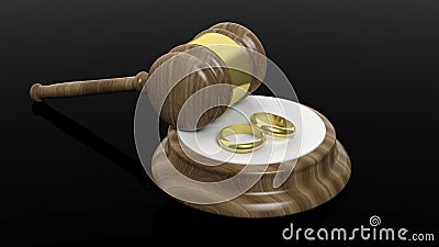 3D rendering of wooden gavel and two gold wedding bands Stock Photo