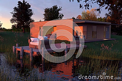 3d rendering of wooden house with flat roof at nature near by po Stock Photo