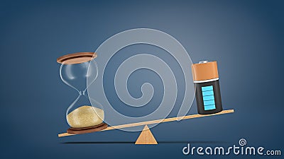 3d rendering of a wooden seesaw with a retro hourglass heavier than a fully charged battery. Stock Photo