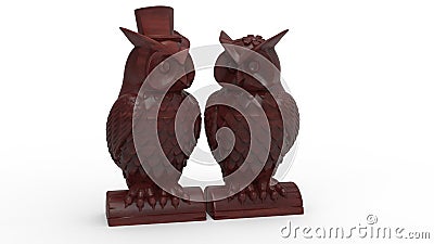 3D rendering - wooden tiled owls statuette Cartoon Illustration