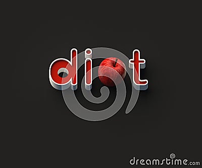 3D RENDERING OF WORDS `di`, AN APPLE AND `t` Stock Photo