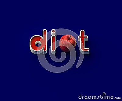 3D RENDERING OF WORDS `di`, AN APPLE AND `t` Stock Photo