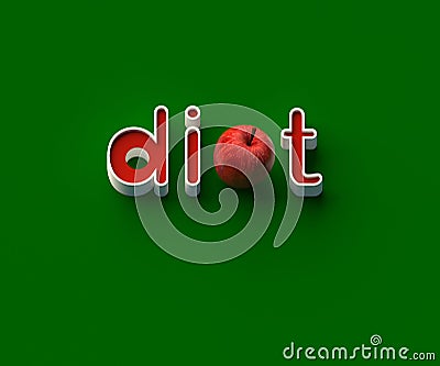 3D RENDERING OF WORDS `di`, AN APPLE AND `t` Stock Photo