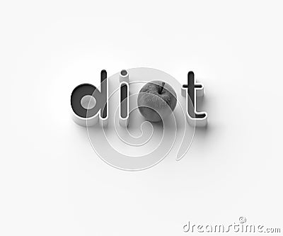 3D RENDERING OF WORDS `di`, AN APPLE AND `t` Stock Photo