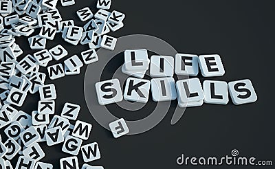 Life skills written in letter tiles black Stock Photo